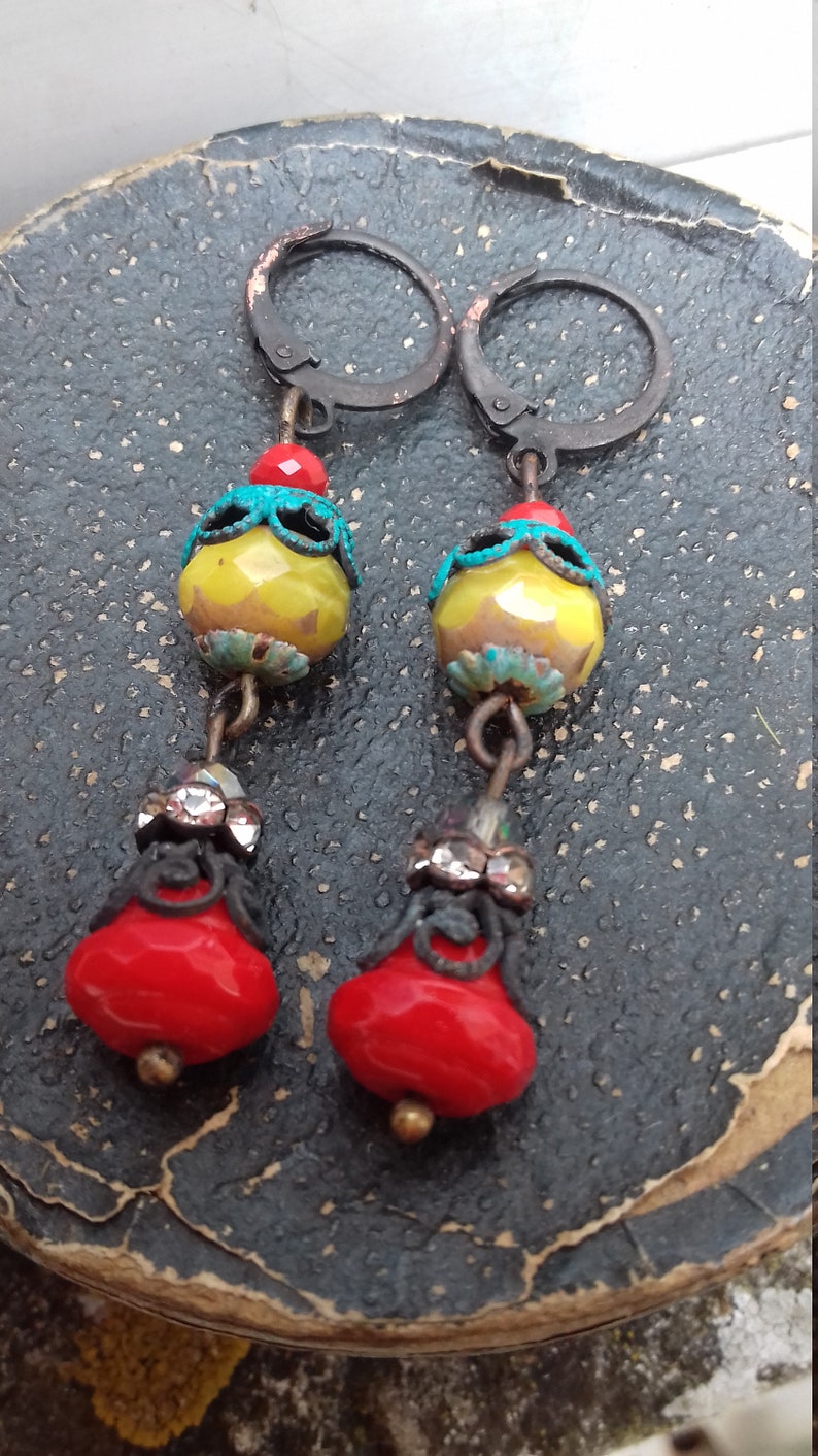 Rustic handmade Boho Chic glass and brass dangle earrongs Ooak