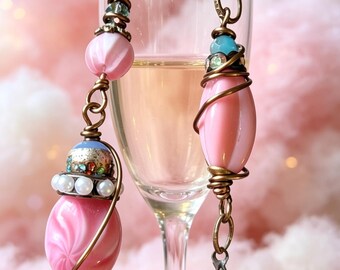 Victorian style Gothic Asymmetrical Earrings: Powder pink rustic vintage glass beads , Aged Brass