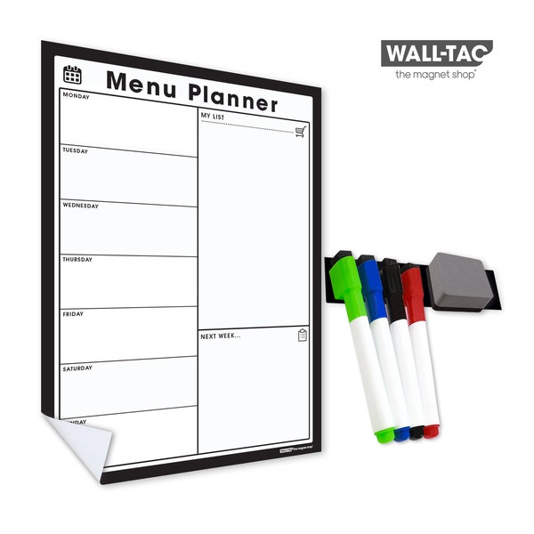 WallTAC Wall Meal Planner - Weekly Organiser & Family Planner - Reusable, Removable and Re-Positionable Self-Adhesive Whiteboard Menu