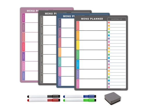 Menu The Magnet Shop Magnetic A4 Weekly Meal Planner Charcoal Grey, A4 with 4 Dry Erase Pens and Eraser Customisable Whiteboard Planner Shopping List and Wall Organiser