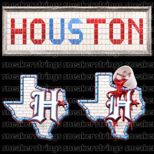 May include: A rectangular sign with white tiles spelling HOUSTON in red and blue letters. Below are two Texas-shaped icons with white brick patterns, blue outlines, and a stylized letter H. One icon features a red liquid pouring from a white cup.