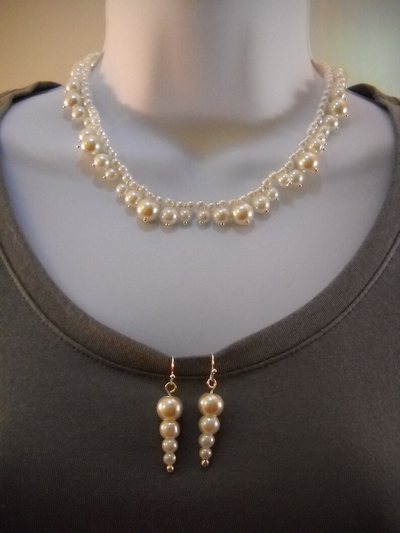 White Glass Pearl and Silver-tone Accent Necklace /& Earring Set