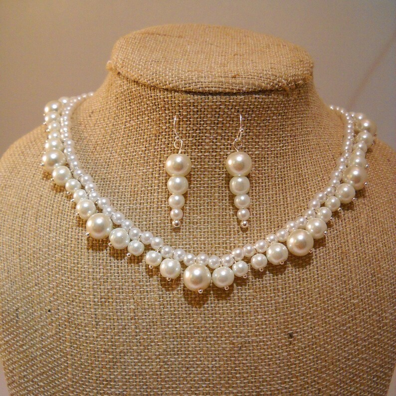 White Glass Pearl and Silver-tone Accent Necklace /& Earring Set