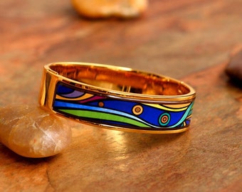 Van Gogh - The Starry Night Series Enamel 18K Gold Plated Titanium Steel Bodied Oval Bracelet bangle with Clasp