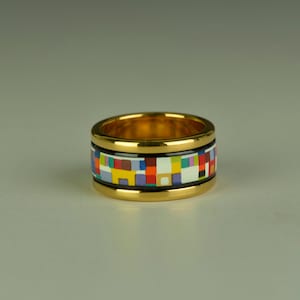 Mondrian Series Enamel 18K Gold Plated Titanium Steel Bodied Ring