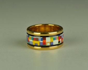 Mondrian Series Enamel 18K Gold Plated Titanium Steel Bodied Ring