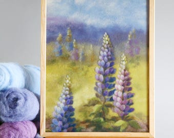 Lupine Flower Wool Painting: Handmade Felted Botanical Art