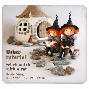 Video tutorial — Felted witch with a cat — Needle felting — Wet felting