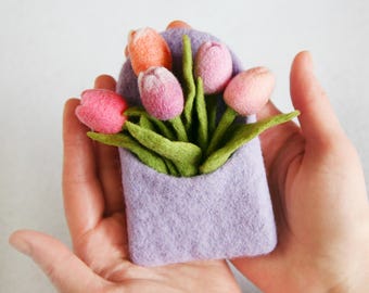 Small Felt Tulips Set – Handmade Natural Wool Flowers