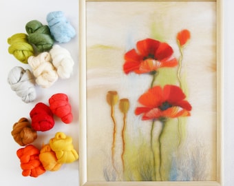Wool Painting: Red Poppy Flowers - Handmade Framed Wall Art