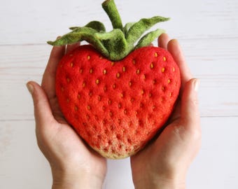Handmade Large Wool Strawberry Heart | Needle Felt Fruit Sculpture | Cottagecore Home Decor