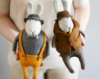 Stylish Felted Bunny — Handmade Wool Rabbit — Unique Collectible Wool Toy