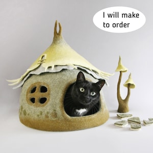 Feito sob encomenda — Casinha de conto de fadas para gatos — Cama para animais de estimação — Toca de lã para gatos — Cama exclusiva de feltro para gatos — Feito à mão