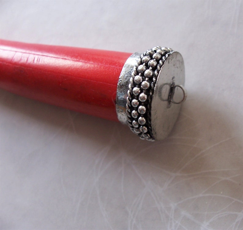Very Large Inlaid Coral Red Bone Tusk Pendant ~ 1 Piece ~ Silver Metal Top ~ 4.5 Length ~ Ethnic Tribal Jewelry Supply