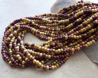 6/0 Czech Glass Seed Beads ~ Aged Golden Apple Metallic Coated Picasso Mix ~ 19&quot; Inch Strand ~ 11 Grams ~ 4mm ~ Burgundy Golden Yellow