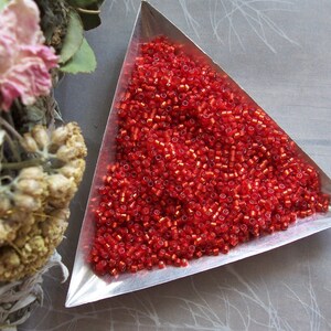 Miyuki Delica Seed Beads ~ 16 grams ~ Size 11/0 ~ Semi Matte Silver Lined Dyed Cherry Red ~ Color DB683 ~ Red/Orange