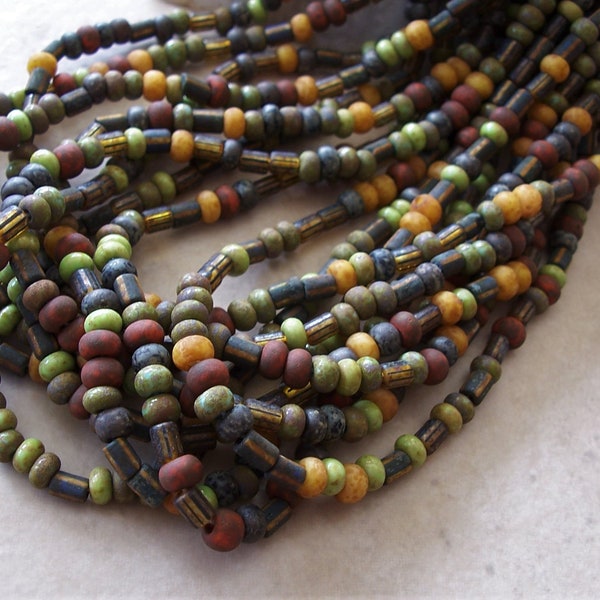 4/0 Czech Glass Seed & Tube Beads ~ Aged Hermit Woods Matte and Gloss Picasso Mix ~ 18" Inch Strand ~ 14 Grams ~ 4.5mm ~ Green Brown Yellow