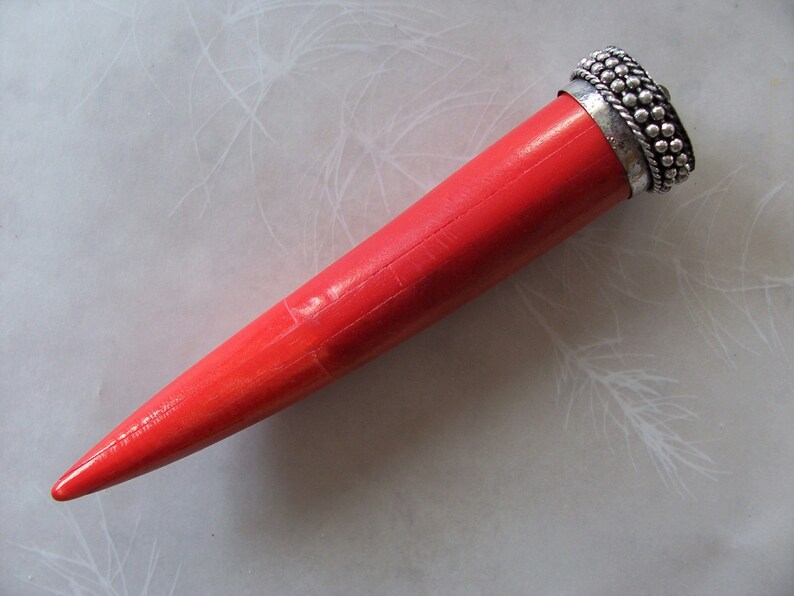 Very Large Inlaid Coral Red Bone Tusk Pendant ~ 1 Piece ~ Silver Metal Top ~ 4.5 Length ~ Ethnic Tribal Jewelry Supply
