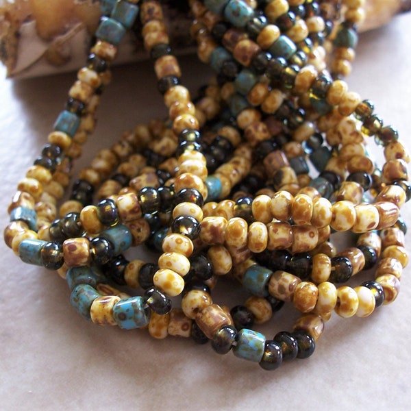 Czech Glass Beads ~ Aged Picasso Old Turquoise Pot Mix ~ 6/0 Seed Beads & Tubes ~ 20" Inch Strand ~ 13 Grams ~ 3.5mm-4mm ~ Blue Beige Smokey