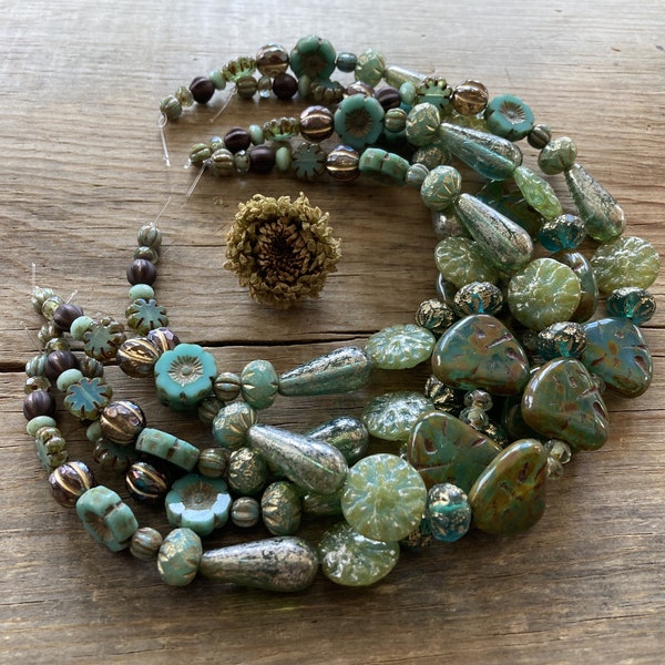 Czech Glass Bead Mix ~ Tall Grass ~ Pressed, Fire Polished ~ 9" Inch Strand ~ High End Shapes, Cuts, Finishes ~ Flower Green Bronze Round