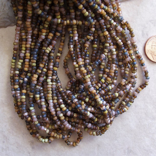 21" Inch Strand ~ Czech Glass Beads ~ Aged Matte African Savannah Mix ~ 8/0 Seed Beads ~ 7 Grams ~ 2.5mm-3mm Peach Amber Brown Yellow Green