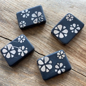 Matte Black Agate Gemstone Large Rectangle Focal Bead with White Multi Flower Design Pattern ~ 35x26mm ~ One Piece ~ Old Stock