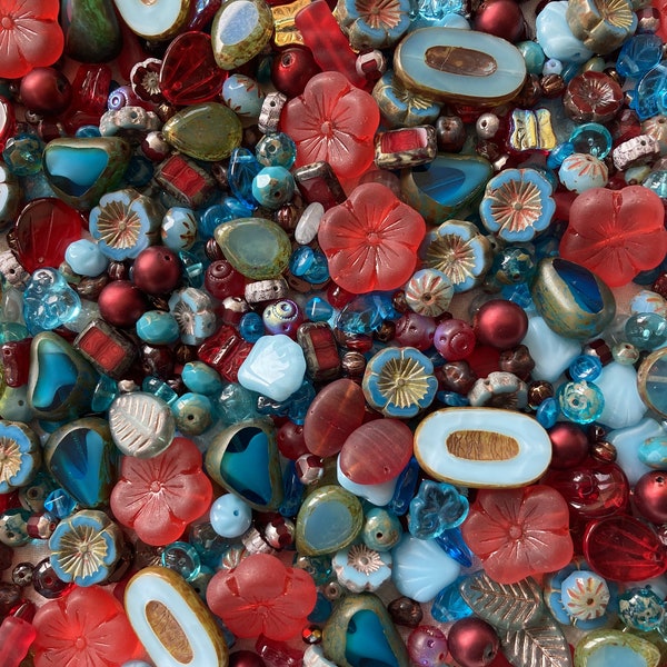 Czech Glass Bead Mix Assortment ~ Aqua Blue Ruby Red ~ Pressed, Fire Polish, Table Cut, Faceted ~ 32 Grams ~ High End Shapes Finishes