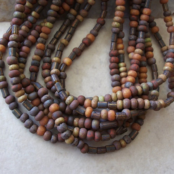 4/0 Czech Glass Seed & Striped Tube Beads ~ Aged Ancient Pot Matte Picasso Mix ~ 20" Inch Strand ~ 15 Grams ~ 4.5mm ~ Brown Orange Rust