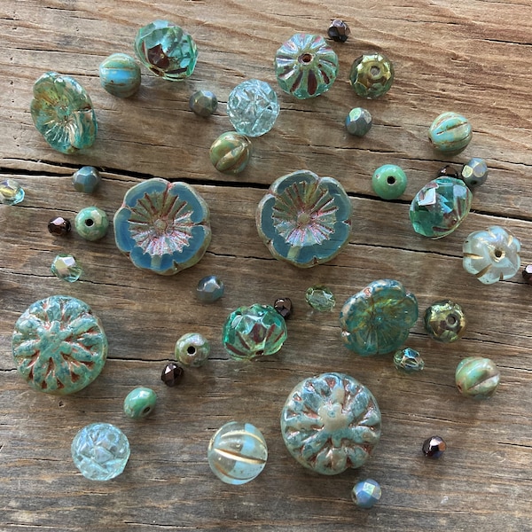 Artisan Czech Glass Bead Mix ~ Aqua Celsian Brown Picasso Color Assortment ~ Table Cut, Fire Polished, Faceted, Pressed ~ Crueller Flower