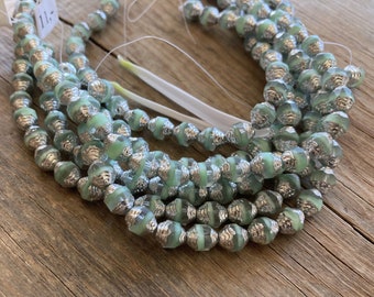 Czech Antique Style Oval Fire Polished Glass Cathedral Beads ~ Matte Mint Swirl w/ Bright Silver Ends ~ 25 Pieces ~ 6x8mm ~ 7&quot; Inch Strand
