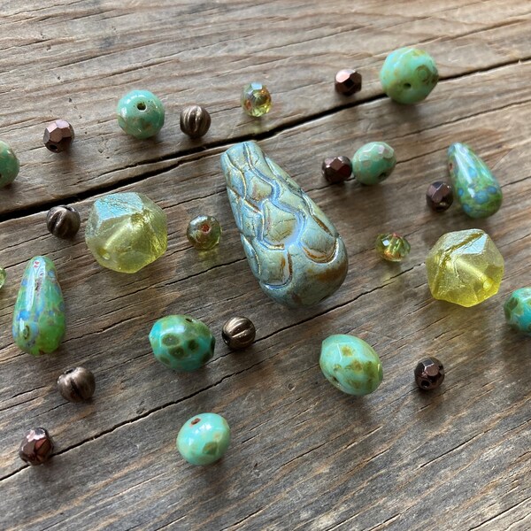 Artisan Czech Glass Bead Mix ~ Alabaster Sage & Bronze Color Assortment ~ Fire Polished, Faceted, Pressed ~ Dragon Scale Teardrop Rondelle