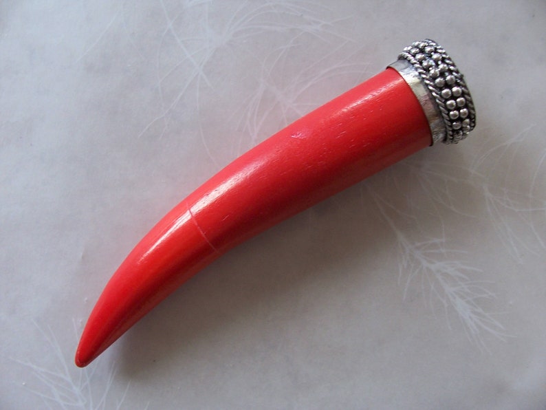 Very Large Inlaid Coral Red Bone Tusk Pendant ~ 1 Piece ~ Silver Metal Top ~ 4.5 Length ~ Ethnic Tribal Jewelry Supply