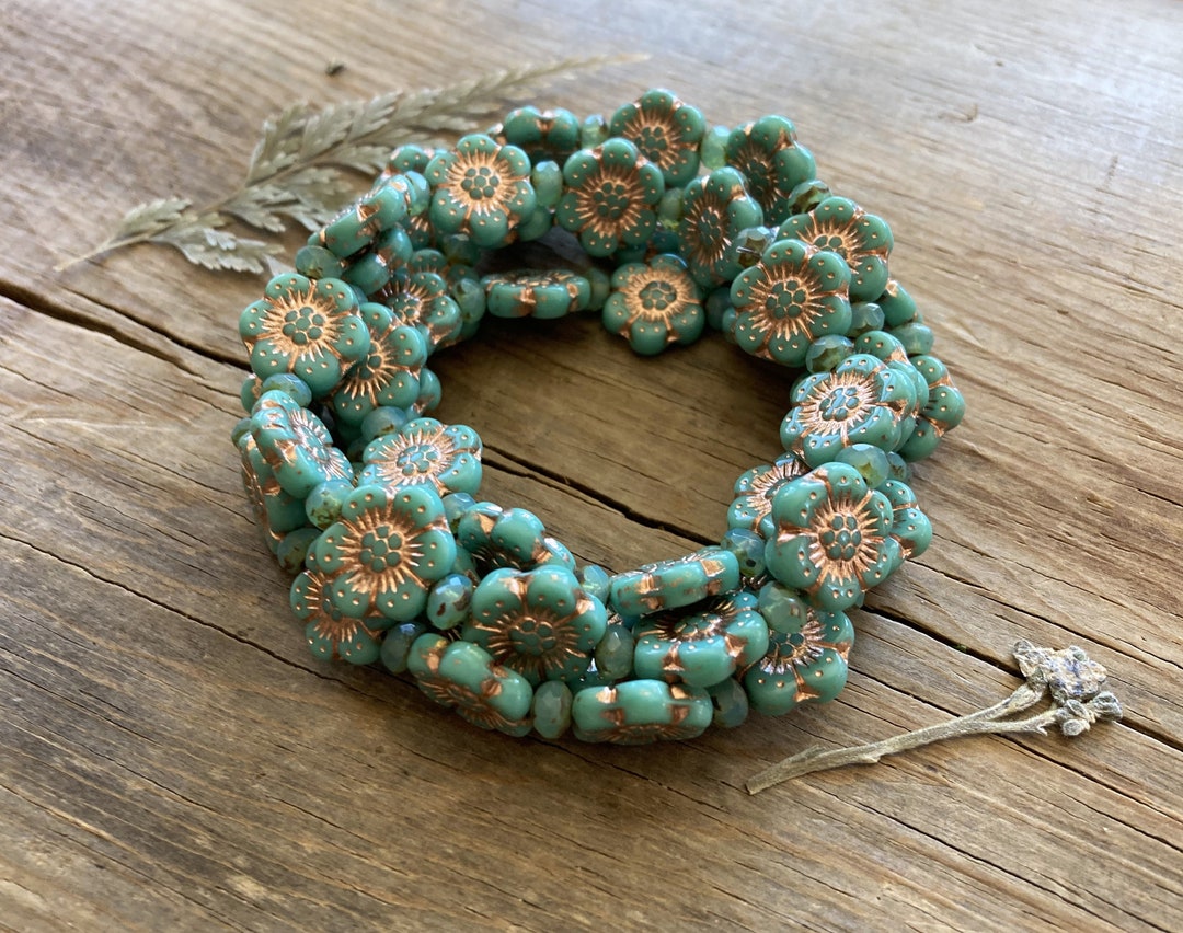 Czech Glass Boho Flower & Rondelle Bead Mix Opaque Green Turquoise W ...