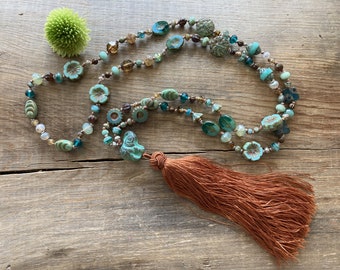 Artisan Czech Glass Beaded Mala ~ Traditional 108 Beads ~ Tassel Necklace ~ Sea Green, Druzy, Cognac Mix ~ Table Cut, Pressed, Faceted