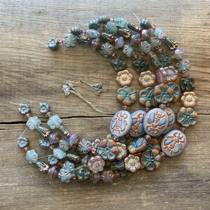 Czech Glass Bead Mix ~ Desert Primrose ~ Pressed, Fire Polish, Table Cut ~ 8" Inch Strand ~ High End Shapes, Finishes ~ Sea Blue Copper Bee