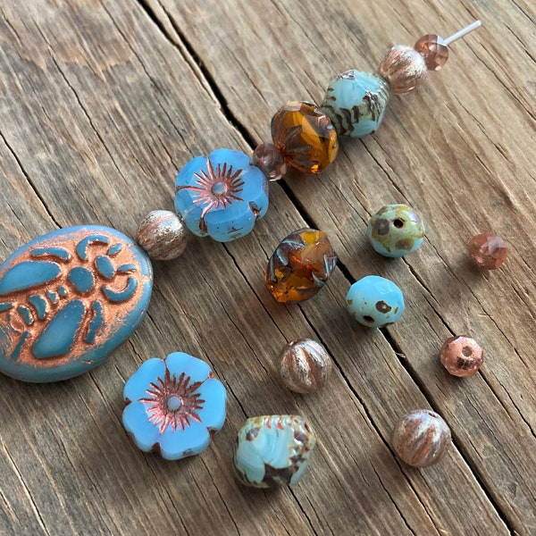 Artisan Czech Glass Bead Mix ~ Cornflower Blue & Copper Color Assortment ~ Table Cut, Faceted, Pressed ~ Picasso Bumble Bee Rondelle Flower