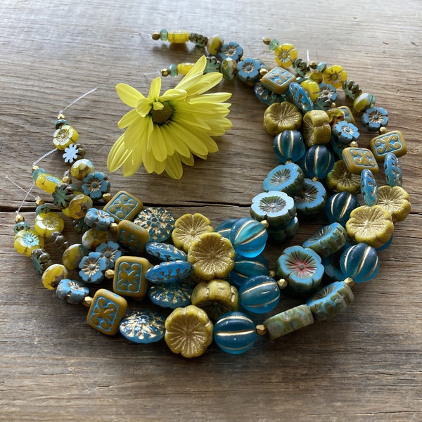 Czech Glass Bead Mix ~ Summertime Blues ~ Pressed, Fire Polish, Table Cut ~ 9" Strand ~ High End Shapes, Finishes ~ Yellow Turquoise Flower