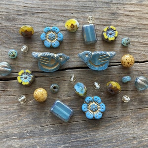 Artisan Czech Glass Bead Mix ~ Yellow & Blue Color Assortment ~ Fire Polish, Faceted, Pressed, Table Cut ~ Flower Bird Round Turquoise Aqua