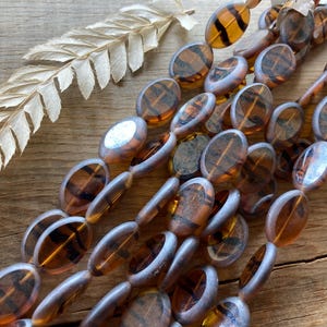 Czech Glass Table Cut Large Oval Beads ~ Luster Transparent Tiger Striped ~ Dark Topaz w/ Black ~ 12 Pieces ~ 14x20mm ~ SINGLE 9&quot; Strand