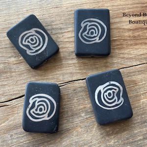 Matte Black Agate Gemstone Large Rectangle Focal Bead with White Rose Design Pattern ~ 35x26mm ~ One Piece ~ Old Stock