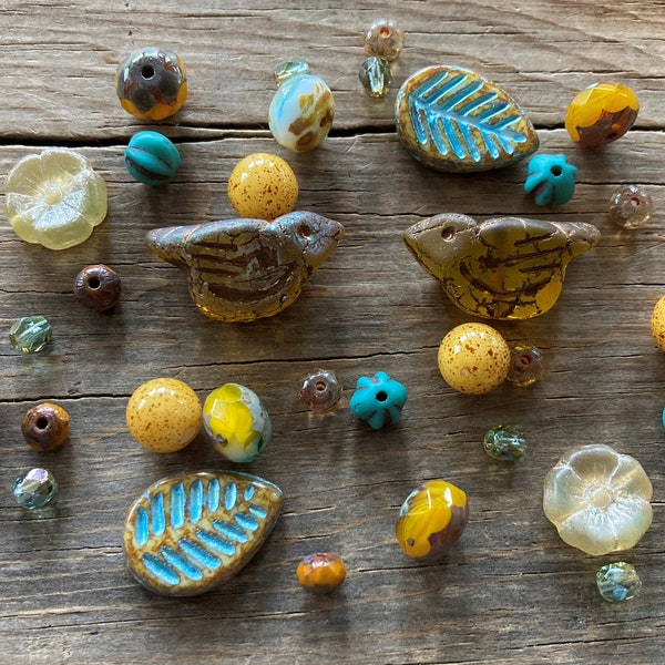 Artisan Czech Glass Bead Mix ~ Yellow & Turquoise Blue Color Assortment ~ Fire Polished, Faceted, Pressed ~ Flower Rondelle Bird Leaf