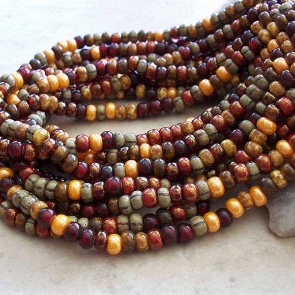 Czech Glass Beads ~ Aged Fall Festival Picasso Mix ~ 2/0 Large Seed Beads ~ 6mm ~ 10" Inch Strand ~ 55+ Pieces ~ Red Orange Brown ~ 2mm Hole