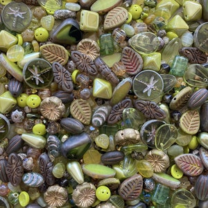 Czech Glass Bead Mix Assortment ~ Olive Chartreuse Lime ~ Pressed, Fire Polish, Table Cut, Faceted ~ 32 Grams ~ High End Shapes & Finishes
