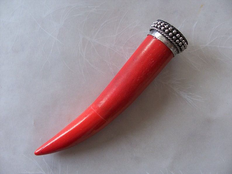 Very Large Inlaid Coral Red Bone Tusk Pendant ~ 1 Piece ~ Silver Metal Top ~ 4.5 Length ~ Ethnic Tribal Jewelry Supply