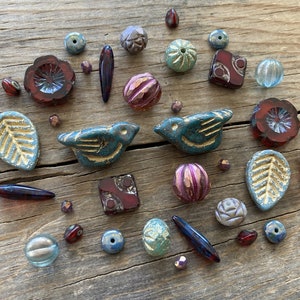 Artisan Czech Glass Bead Mix ~ Green Picasso & Ruby Color Assortment ~ Fire Polish, Faceted, Pressed, Table Cut ~ Flower Bird Round Gold