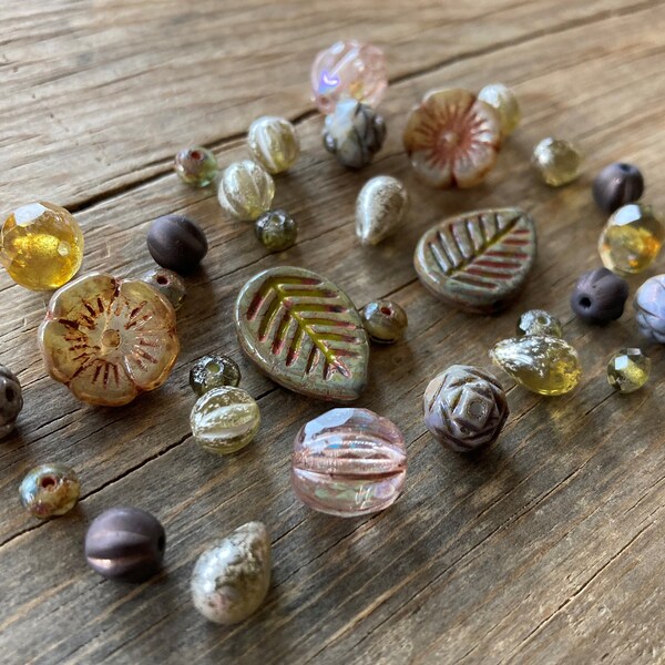 Artisan Czech Glass Bead Mix ~ Olive, Champagne & Bronze Color Assortment ~ Fire Polished, Faceted, Pressed ~ Leaf Flower Rondelle Melon