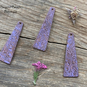 Purple Pink Patina Handcrafted Copper Long Triangle Shaped Pendant Charm ~ 15x44mm ~ 1 PIECE ~ Stamped Flower & Leaf Pattern