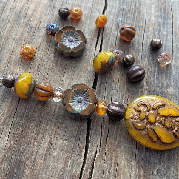 Artisan Czech Glass Bead Mix ~ Honey Opal & Bronze Color Assortment ~ Table Cut, Faceted, Pressed ~ Yellow Picasso Bumble Bee Rondelle