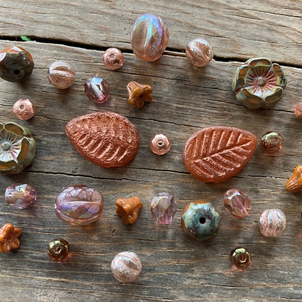 Artisan Czech Glass Bead Mix ~ Burnt Umber, Peach & Luster Color Assortment ~ Fire Polished, Faceted, Pressed ~ Leaf Flower Rondelle Melon