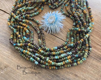 Czech Glass Beads ~ Aged Blue Lagoon Mix ~ 6/0 Seed Beads & Tubes ~ 20&quot; Strand ~ 12 Grams ~ 4mm ~ Picasso Sea Green Red Capri Blue Yellow